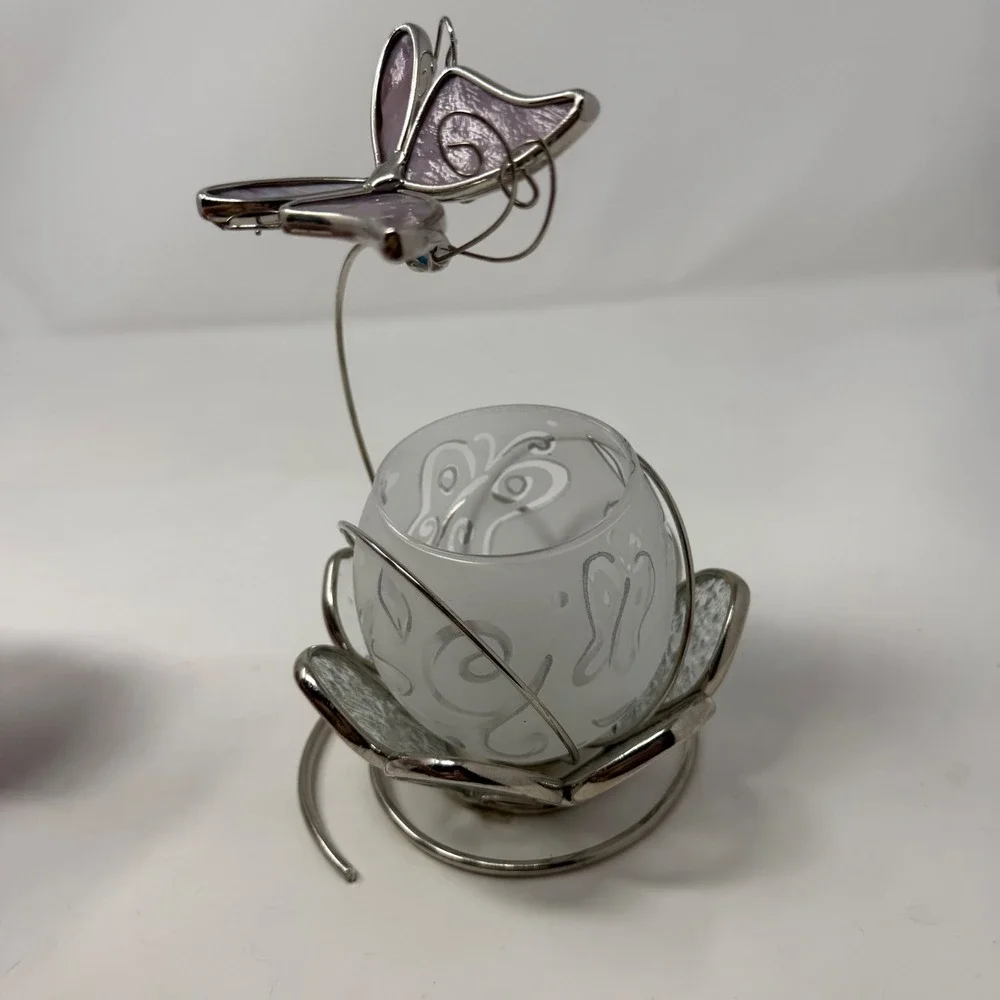 Stained Glass Butterfly Votive Candle Holder Frosted Floral Glass Purple Blue 7